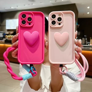 Luxury 3D Love Heart Matte Case – Soft Lanyard Rope Shockproof Cover for iPhone 1