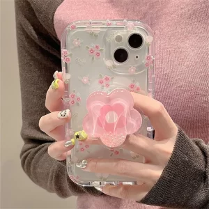 Cute Quicksand Pink Flower Holder Stand Case for iPhone 1