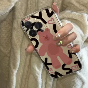 Korean Lovely Pink Bear Case – Y2K Soft Anti-Fall Cover for iPhone 1