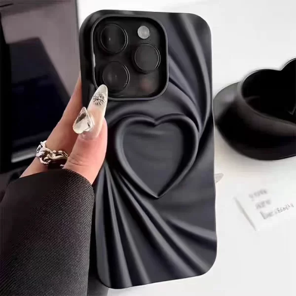 3D Love Heart Wrinkle Matte Silicone Case for iPhone 16, 15, 14, 13, 12, 11 Pro Max 1