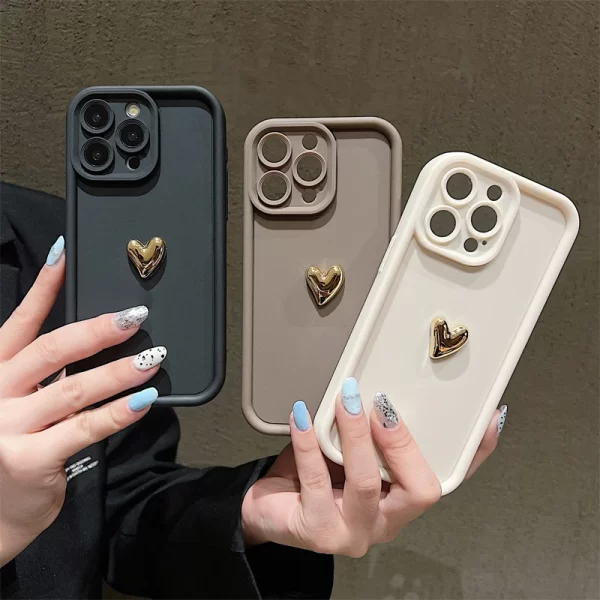 3D Gold Heart Soft Silicone Case for iPhone 16, 15, 14, 13, 12, 11 Pro Max 1