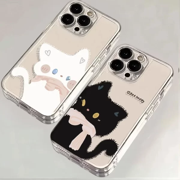 Cartoon Black & White Cat Couple Case – Paired Clear Cover for iPhone 1