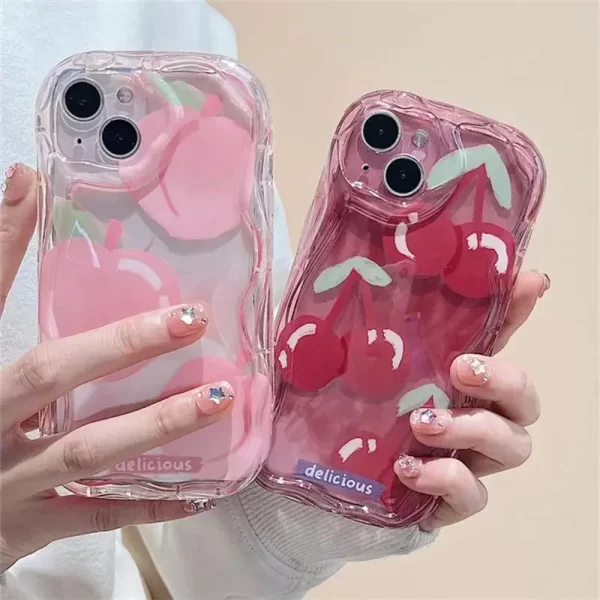 Pink Peach Cherry Soft Clear TPU Case – Wavy Flower Bumper Silicone Cover for iPhone 1