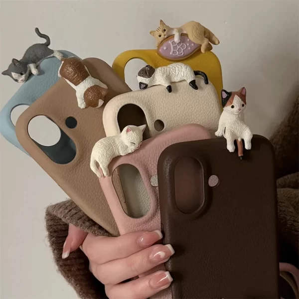 3D Lying Cat Leather Case for iPhone – Cute Cartoon Soft Cover 1