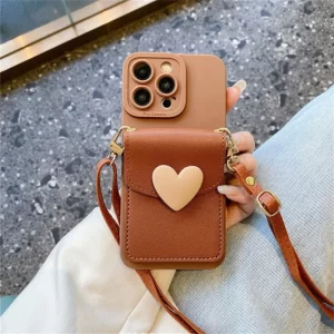 Crossbody Lanyard Necklace Card Holder Case – 3D Love Heart Cover for iPhone 1