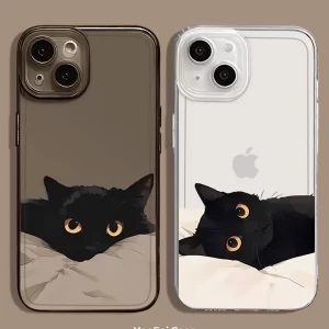 Cartoon Black Cat Couple Case – Clear Soft Cover for iPhone 1